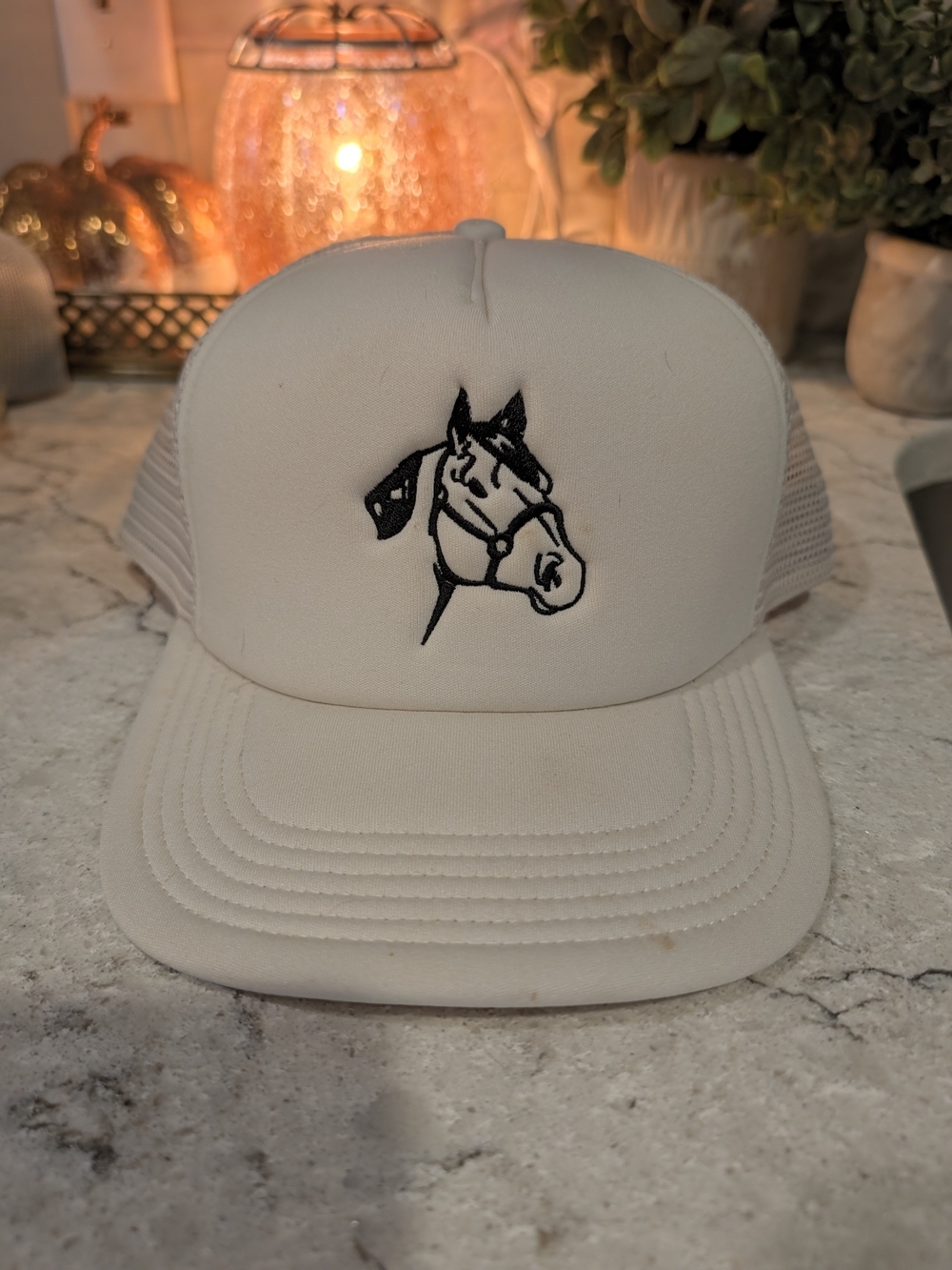 Legacy Cream Trucker Hat with Black Horse Embroidery